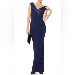 Lauren Ralph Lauren Midnight Blue Satin Crossover Neckline Column Gown Sz 6